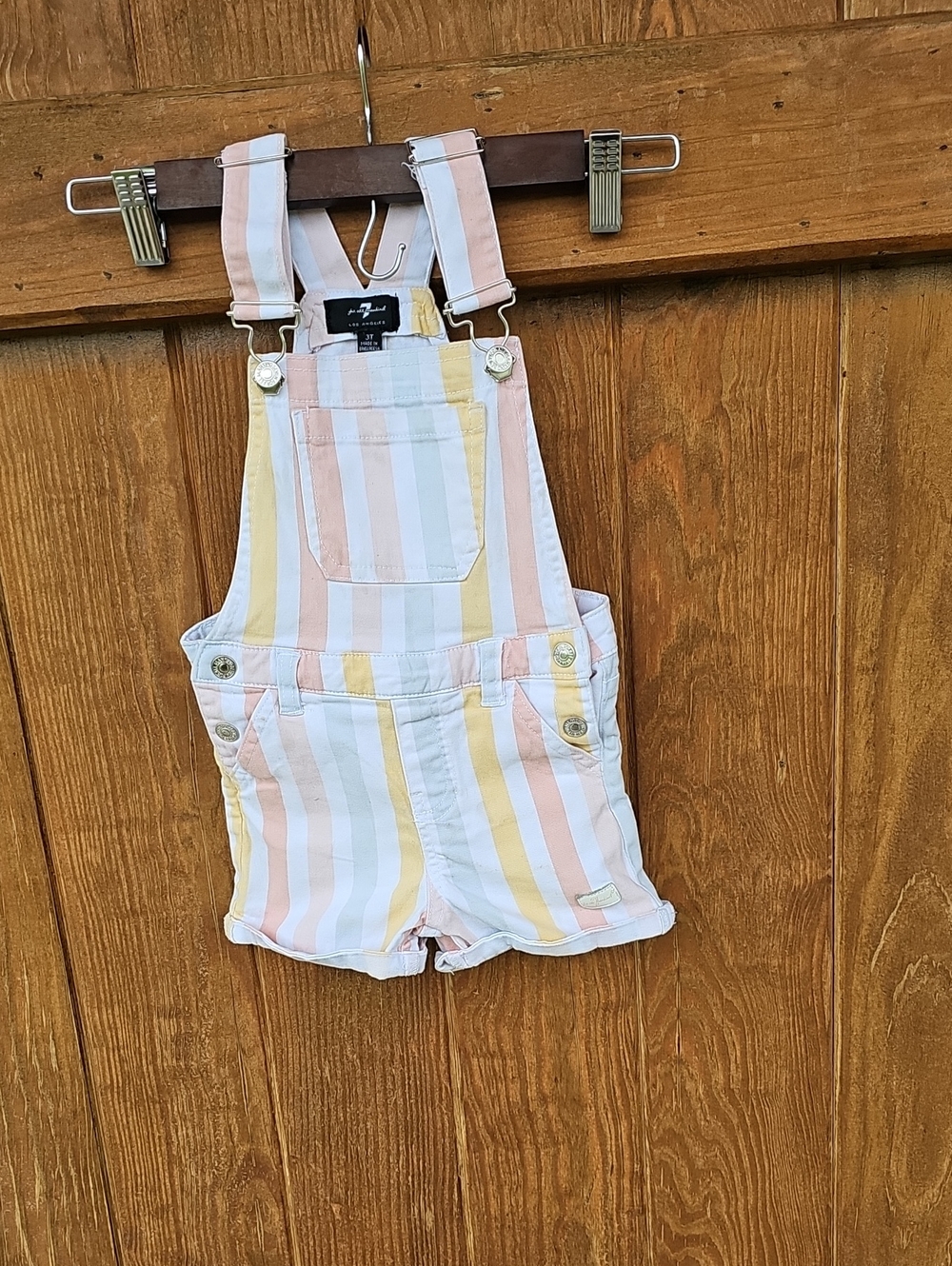 7 For All Mankind Pastel Striped Short Overalls in Pink, Yellow & Blue